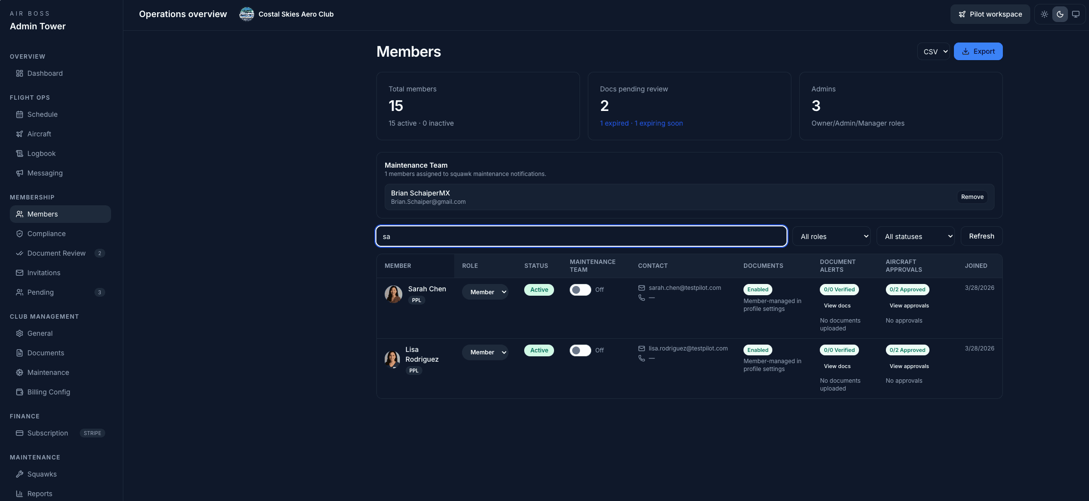 Air Boss member management screen